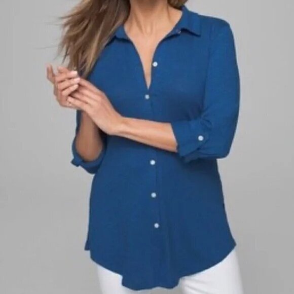 Soma Sz L Blue Button Up Tunic Cotton Modal Slub Knit Shirt Roll Tab Sleeve Top - Picture 2 of 8